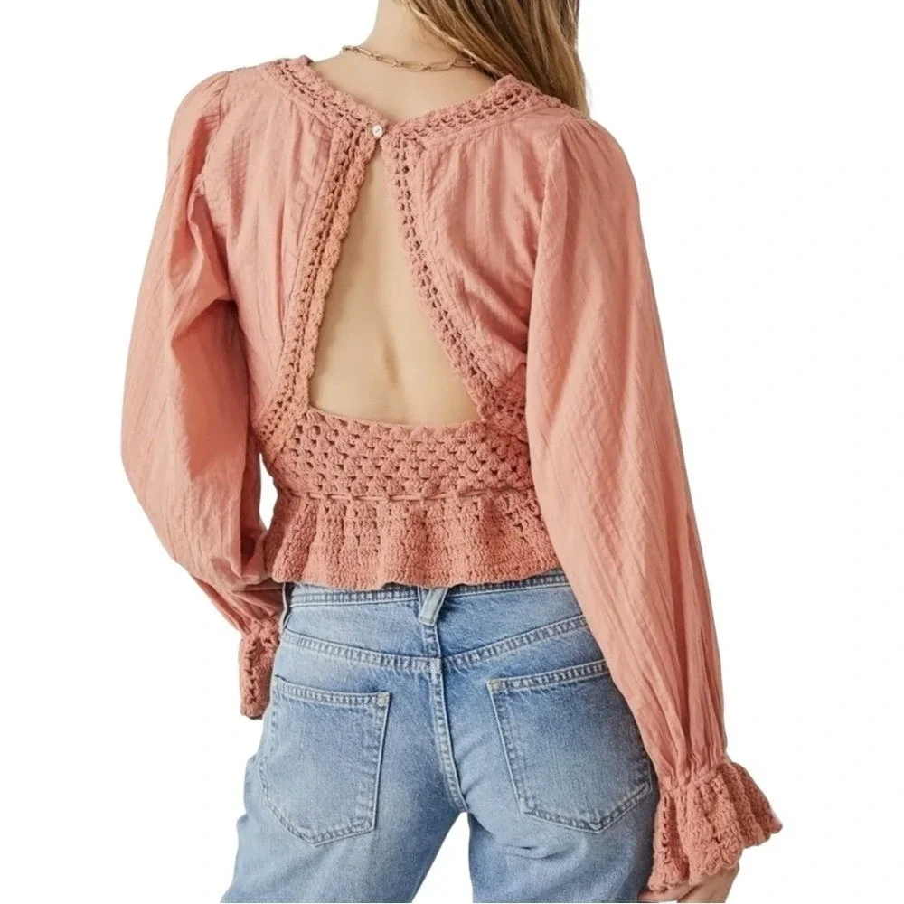 Free People Megan Crocheted Boho Puff Sleeve Cropped Top Coral Shirt XS $128 New